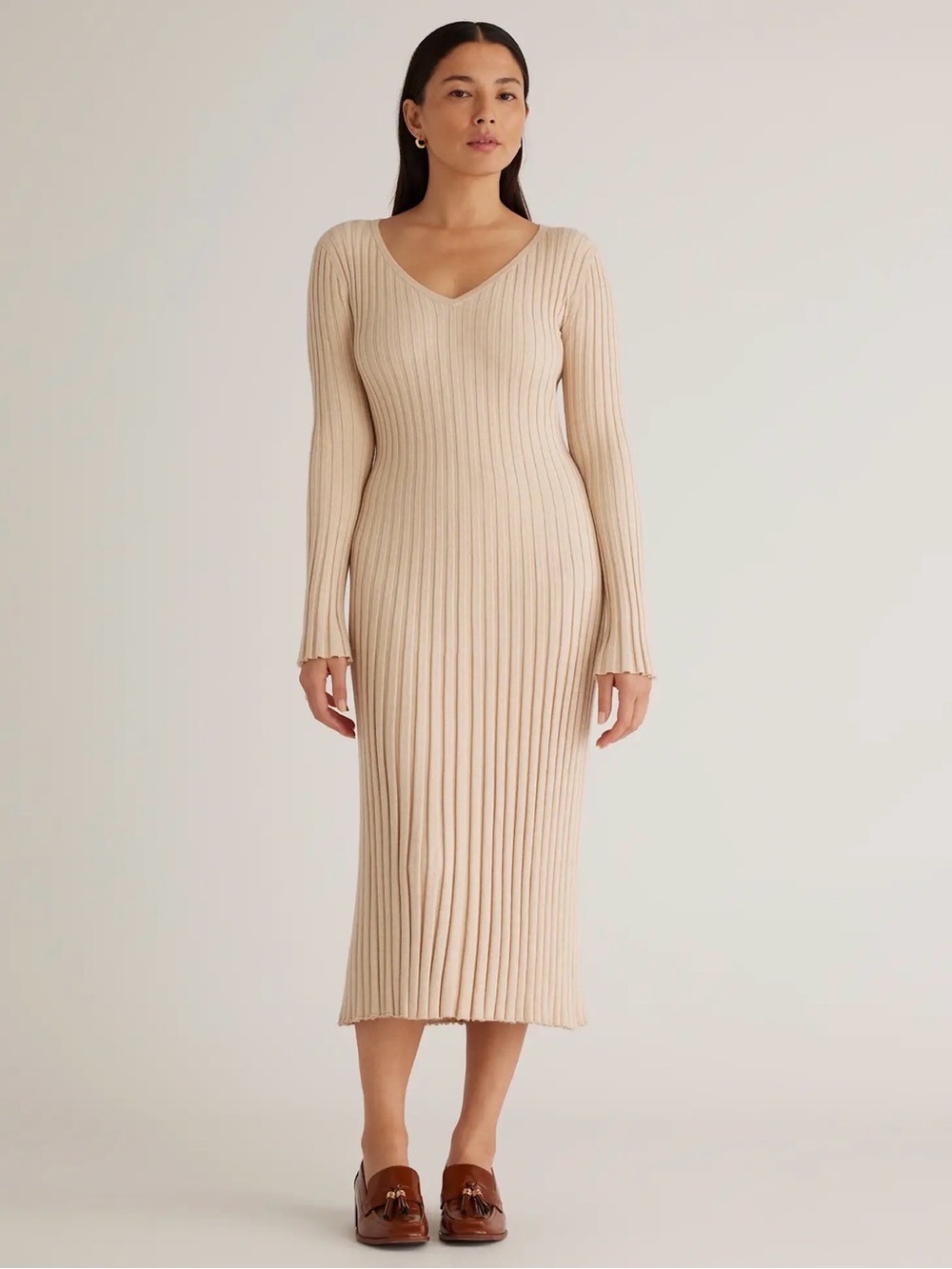 Quince Cotton Cashmere Ribbed Long Sleeve V-Neck Midi Dress heather oatmeal S
